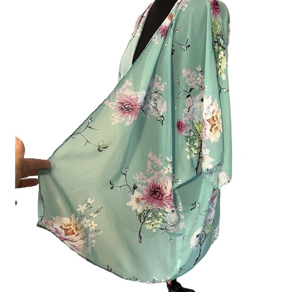 DAVi & DANI Floral Kimono Green Semi Sheer Open Front Oversized - Picture 5 of 8